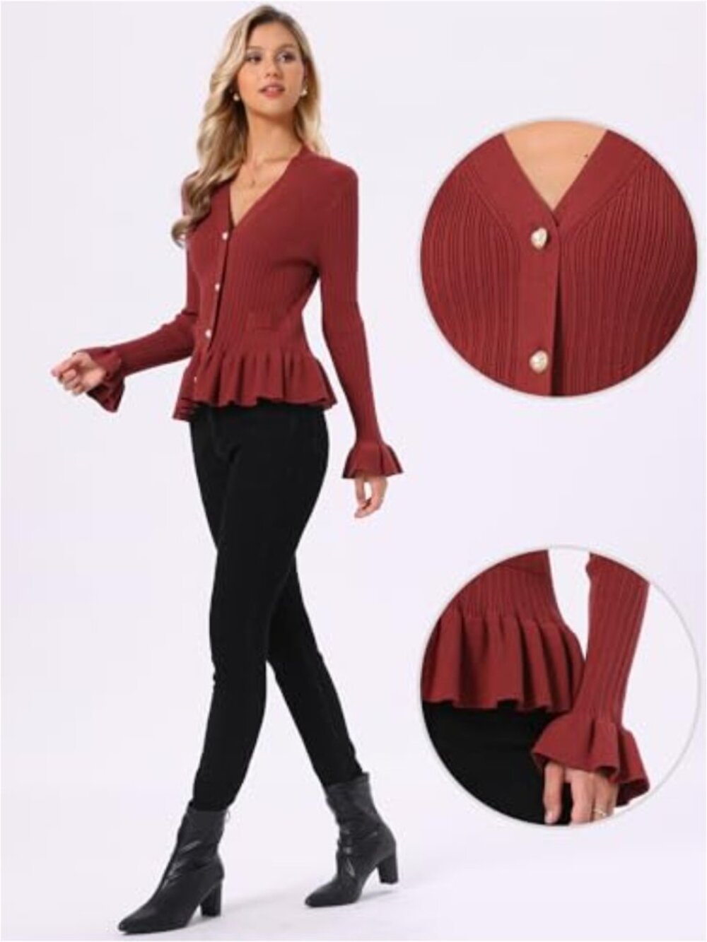 V Neck Ruffle Hem Long Sleeve Cardigan Sweater Pearl Buttons - Picture 2 of 6